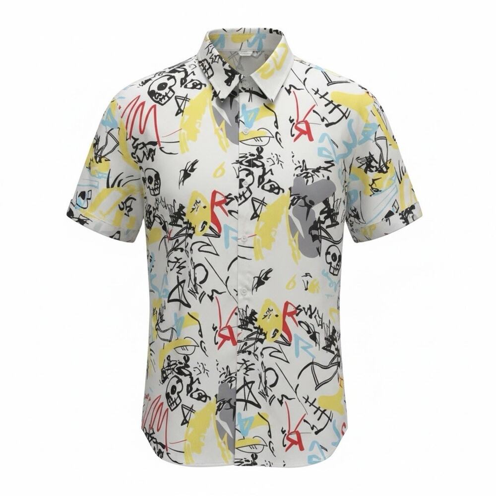 Graffiti Skull Print Button-Up Shirt Streetwear All-Over Print Casual Mens XXL